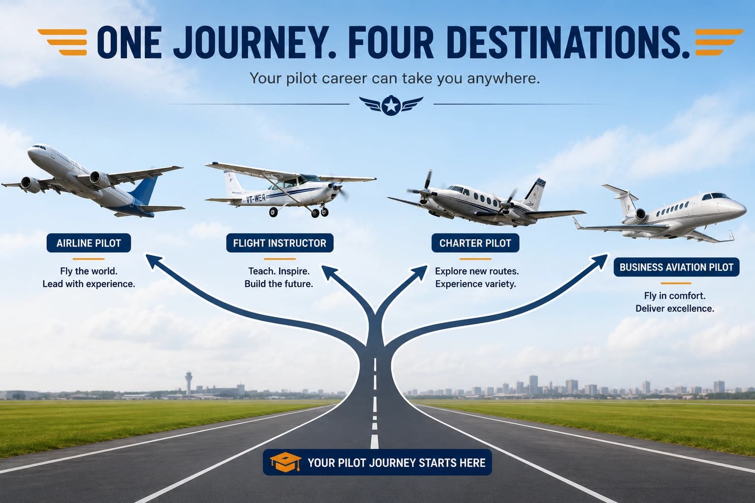 One path branching into four routes ending at an airliner, a training aircraft, a charter aircraft and a business jet