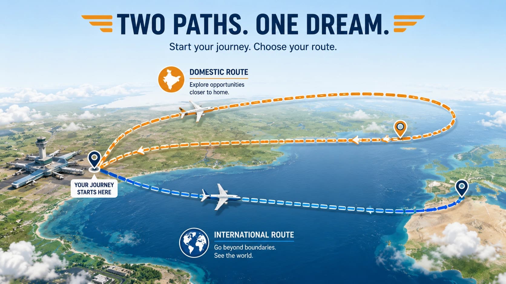 Two flight paths leaving one airport, one looping back domestically and the other crossing an ocean before returning