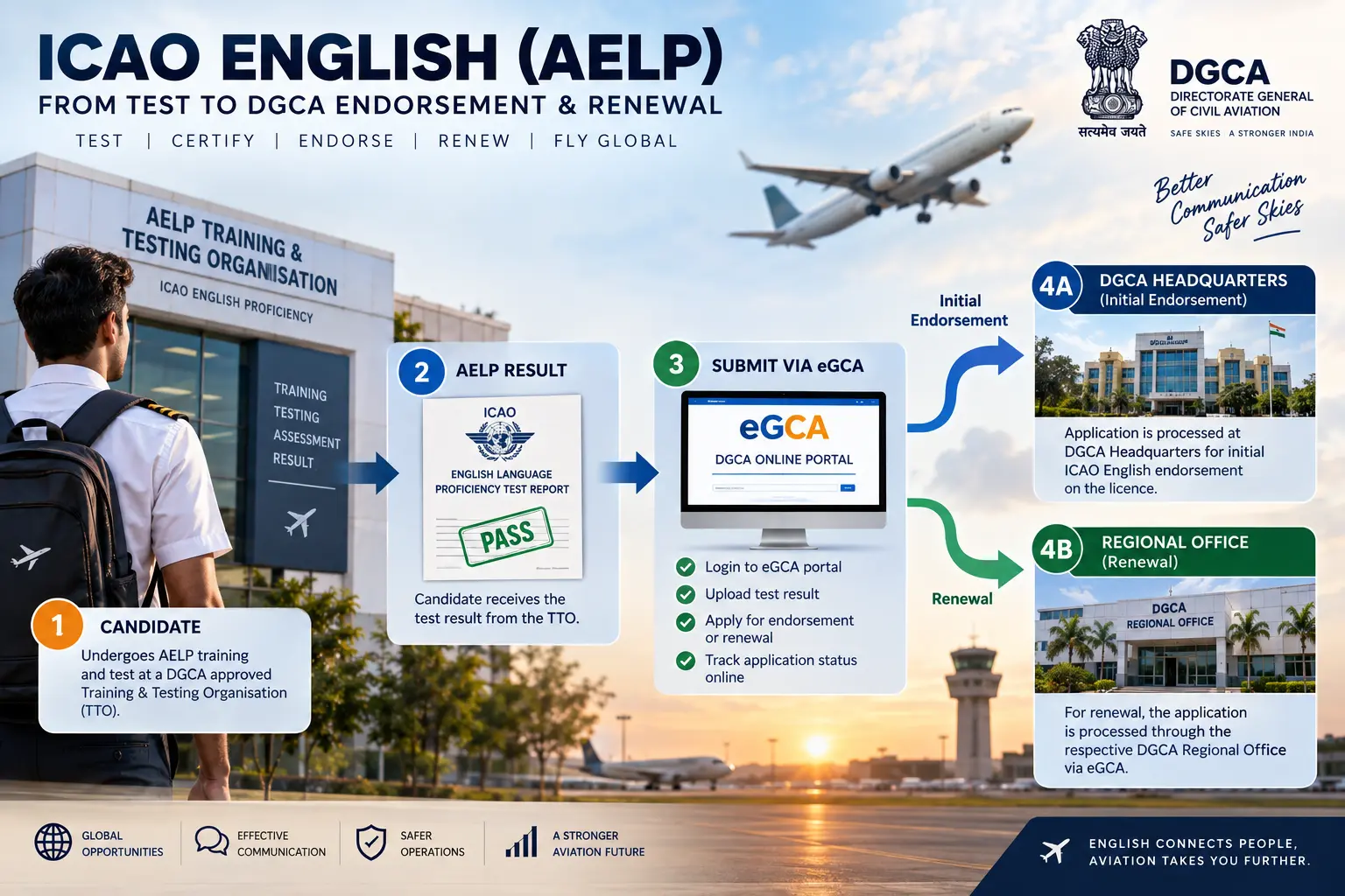 A simple flow diagram showing a candidate at an AELP training and testing organisation, with the result routing to DGCA headquarters for initial endorsement and to a regional office for renewal, both through the eGCA portal