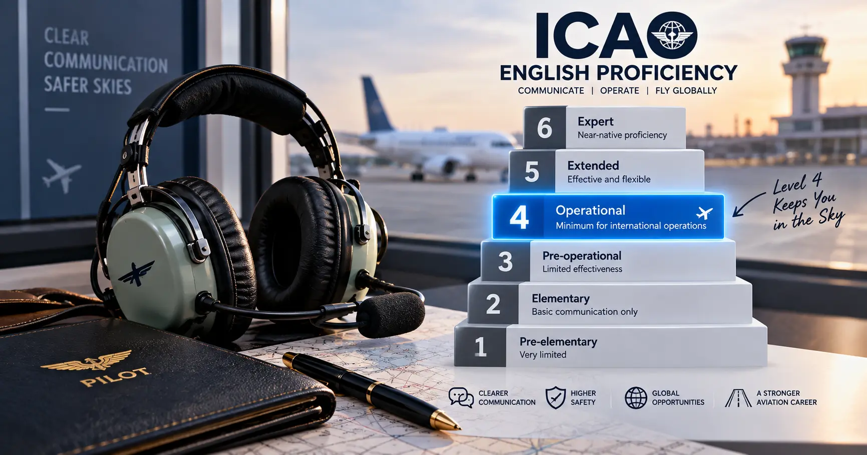 A pilot's aviation headset resting beside a simple six-step ladder diagram, with the fourth step highlighted, representing the ICAO Level 4 English proficiency threshold