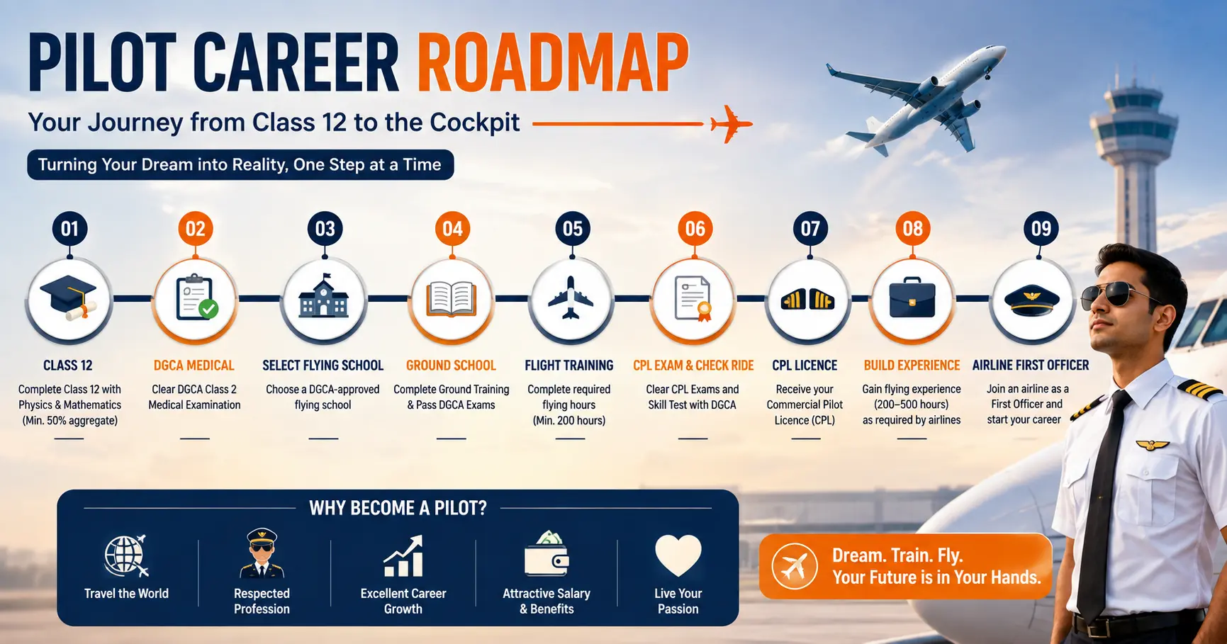 Pilot career roadmap with route from Class 12 to CPL and airline First Officer position