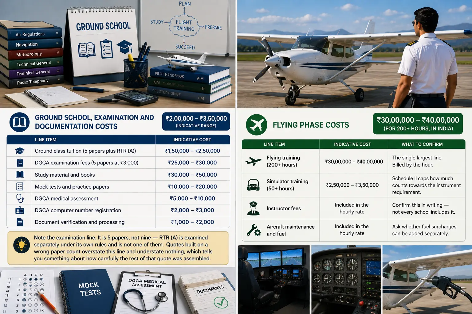 Three stacked bars of very different heights showing flying training dominating ground school and living costs