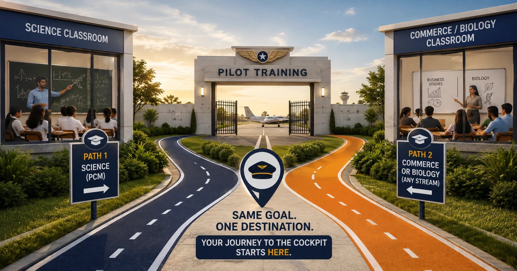 Two separate paths, one starting from a science classroom and one from a commerce or biology classroom, converging at the same pilot training gate