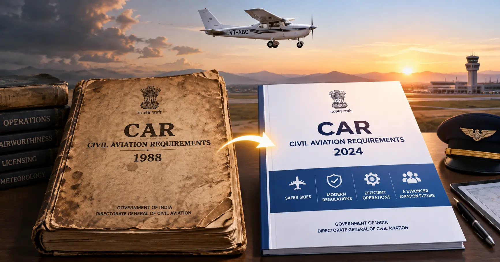 A weathered old rulebook on the left transitioning into a clean modern document on the right, with a small training aircraft silhouette flying steadily above both, unaffected by the change beneath it