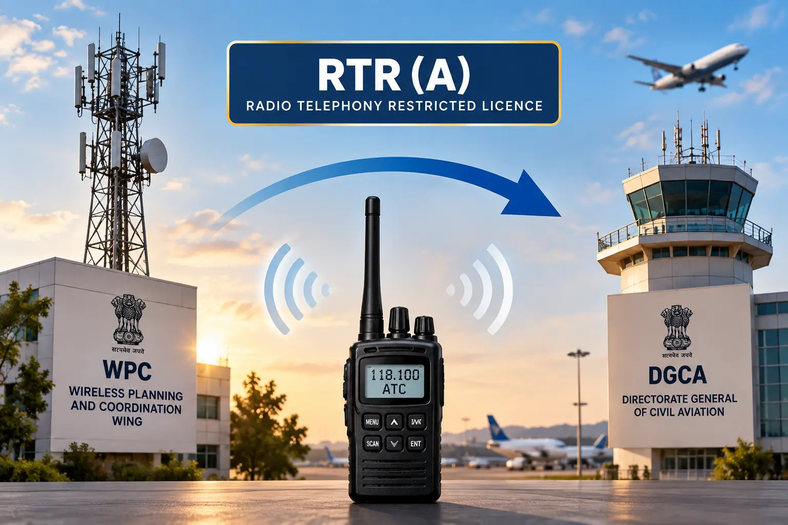 A simple radio handset icon with an arrow moving from a small transmission-tower icon on the left to a control-tower icon on the right, illustrating the RTR (A) radio licence moving to a new administering authority