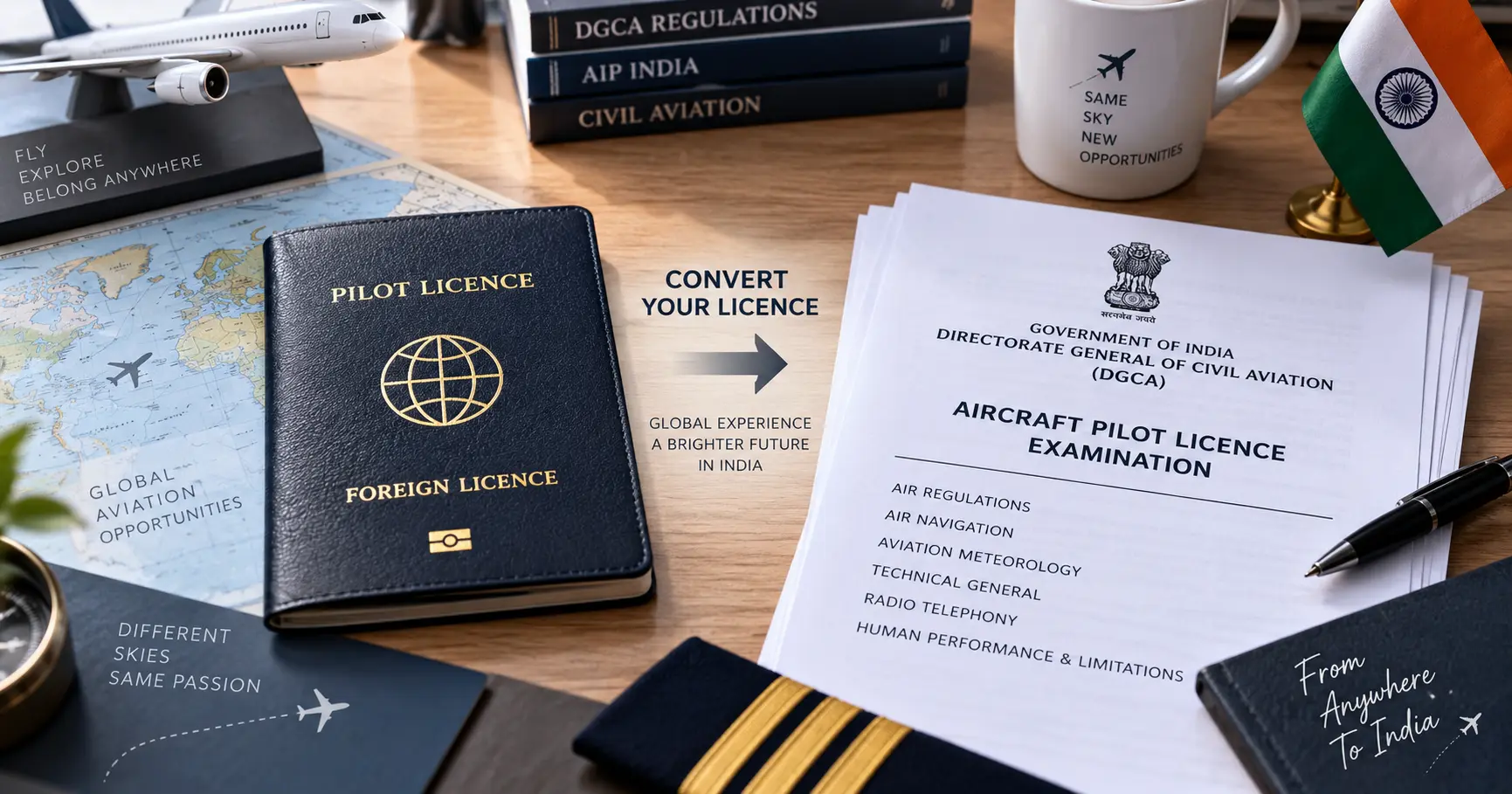 A foreign pilot licence booklet and a set of Indian DGCA examination papers laid side by side on a desk, representing the conversion process from a foreign licence to an Indian one