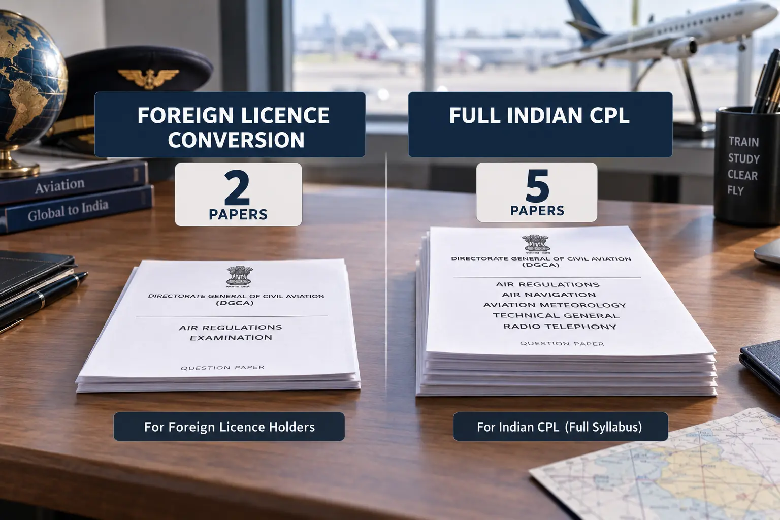 Two small stacks of examination papers of very different heights, one of two papers for a licence conversion and one of five papers for a full Indian CPL, shown side by side for comparison