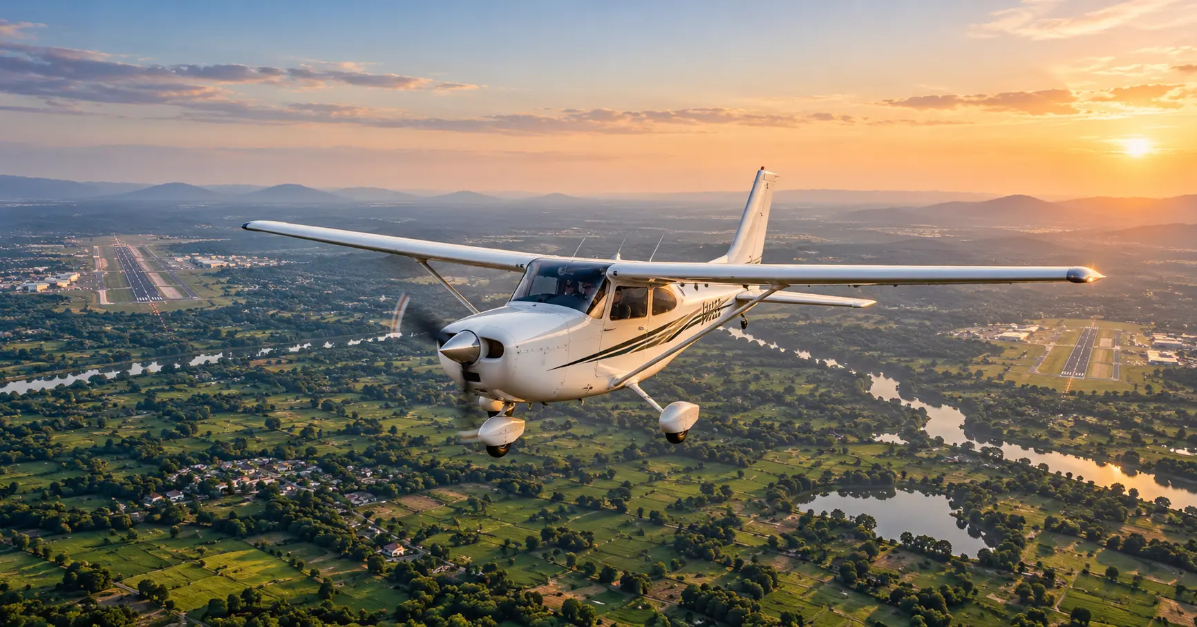 A single-engine training aircraft in flight over open Indian countryside, with the outline of two distant airfields visible near the horizon on either side