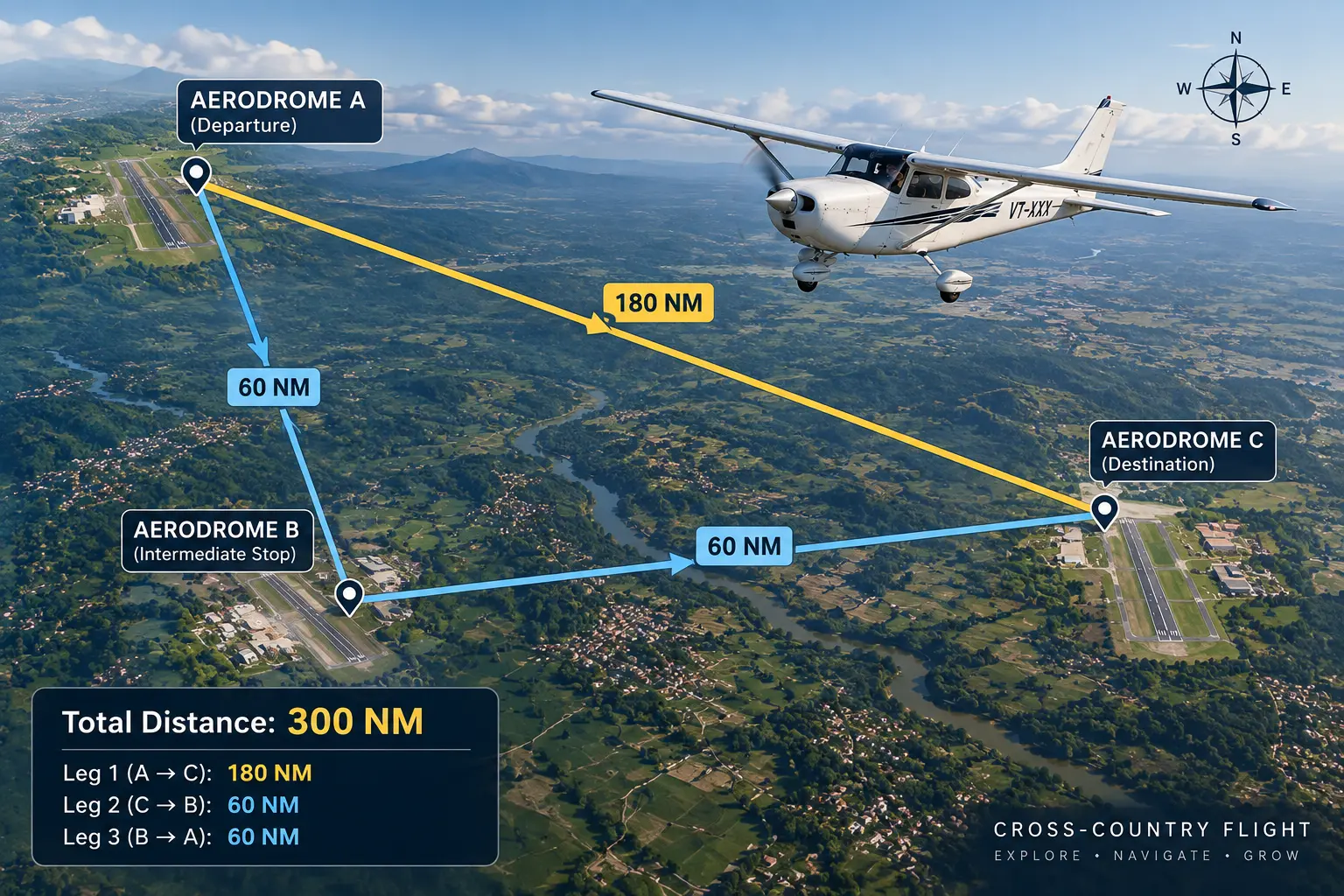 A triangular flight route diagram connecting three aerodromes, with the first leg drawn noticeably longer than the other two, illustrating the shape of a qualifying 300 nautical mile cross-country flight