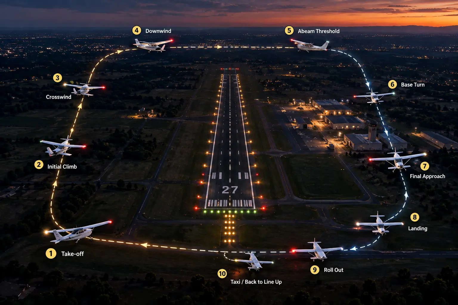 A single runway viewed from above at dusk with a repeating circuit pattern of ten small aircraft silhouettes around it, each slightly further along the loop, illustrating a repeated sequence of night take-offs and landings