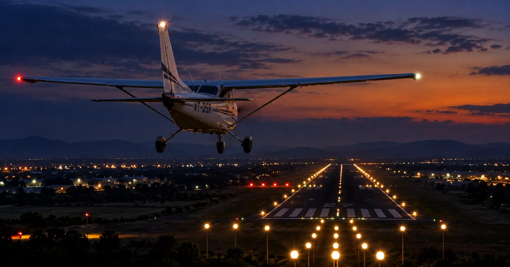 A small single-engine training aircraft on final approach to a runway lit by runway edge lights against a dark evening sky, representing night flying training for a Commercial Pilot Licence in India