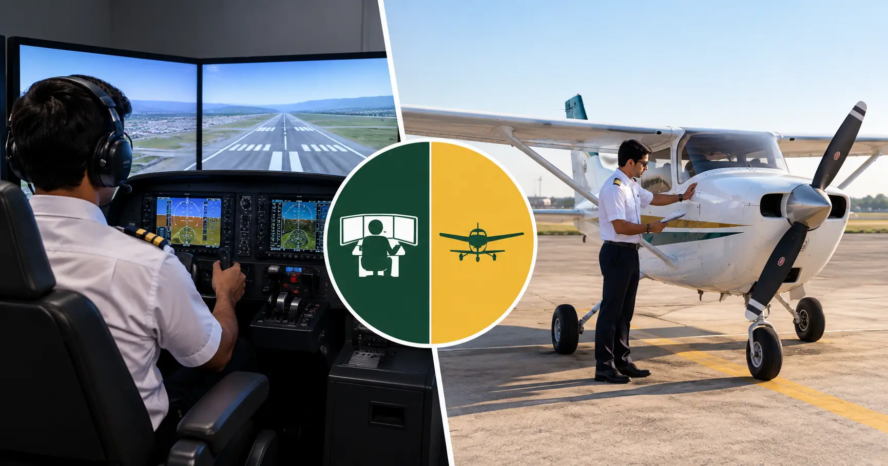 A flight simulator device on the left and a small single-engine training aircraft on the right, representing the split between simulator and actual flight hours in CPL training