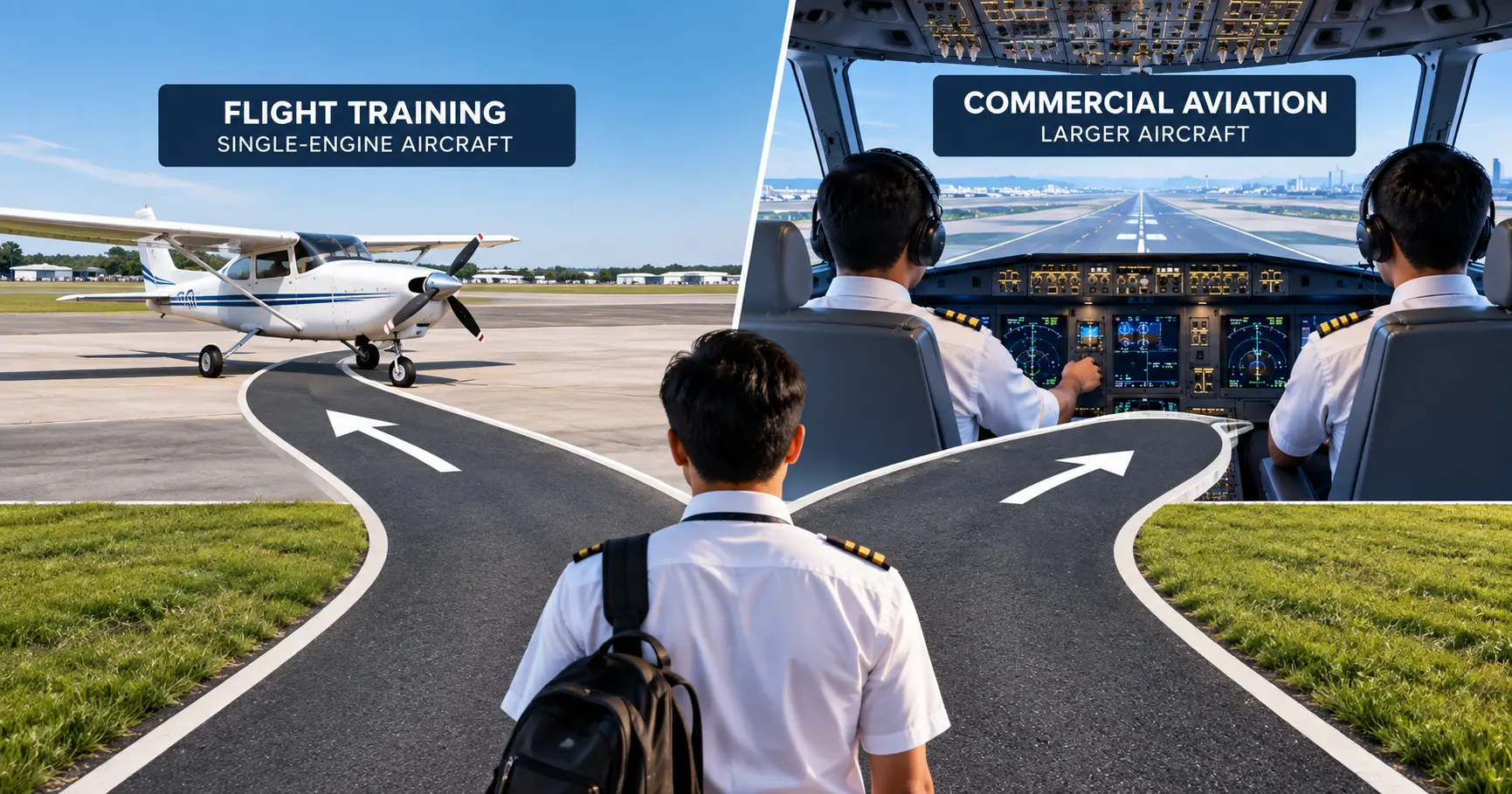 A single path forking into two, one ending at a small single-engine training aircraft and the other continuing further to a larger commercial aeroplane cockpit