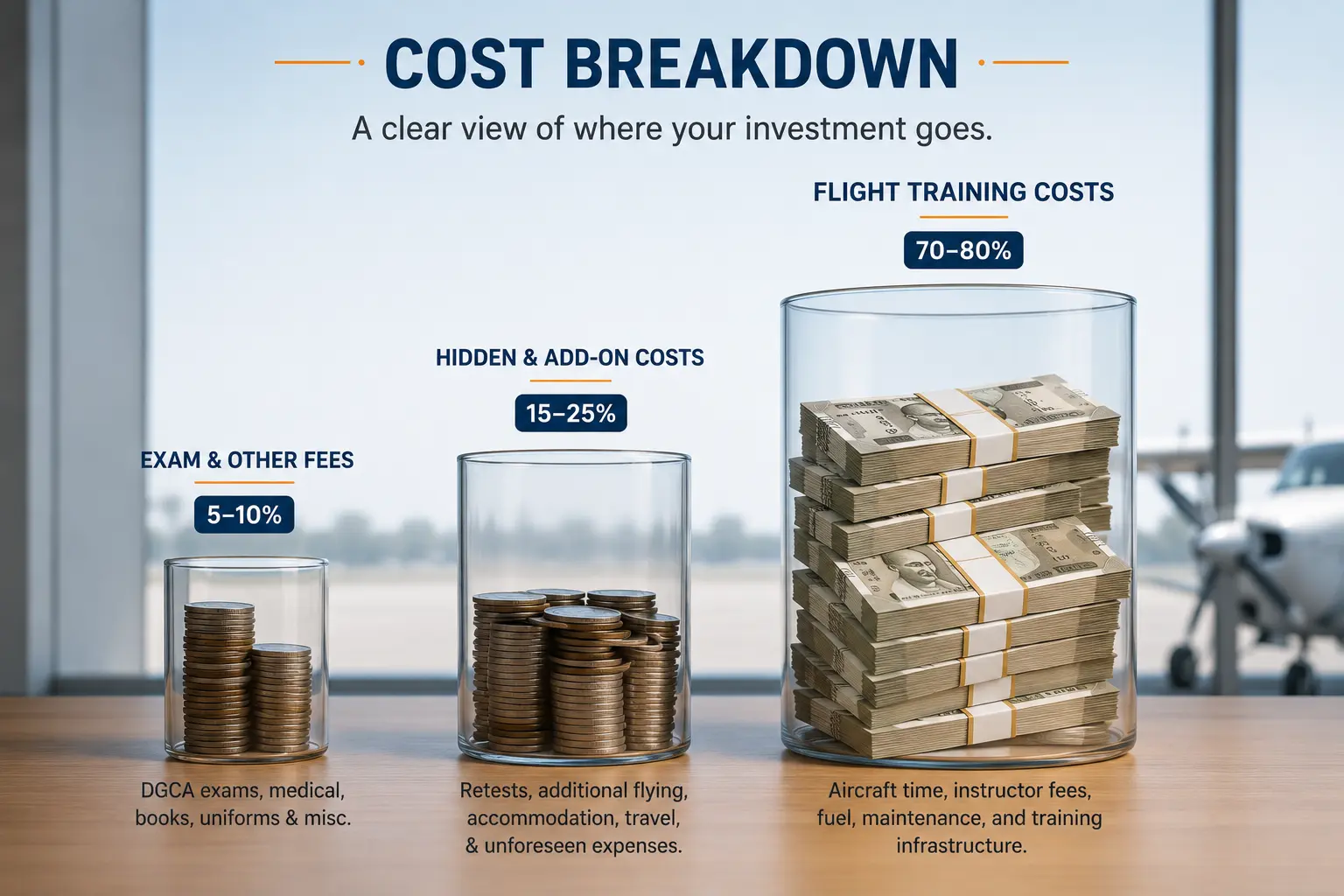 Three containers of clearly different sizes side by side, the largest representing flight training costs