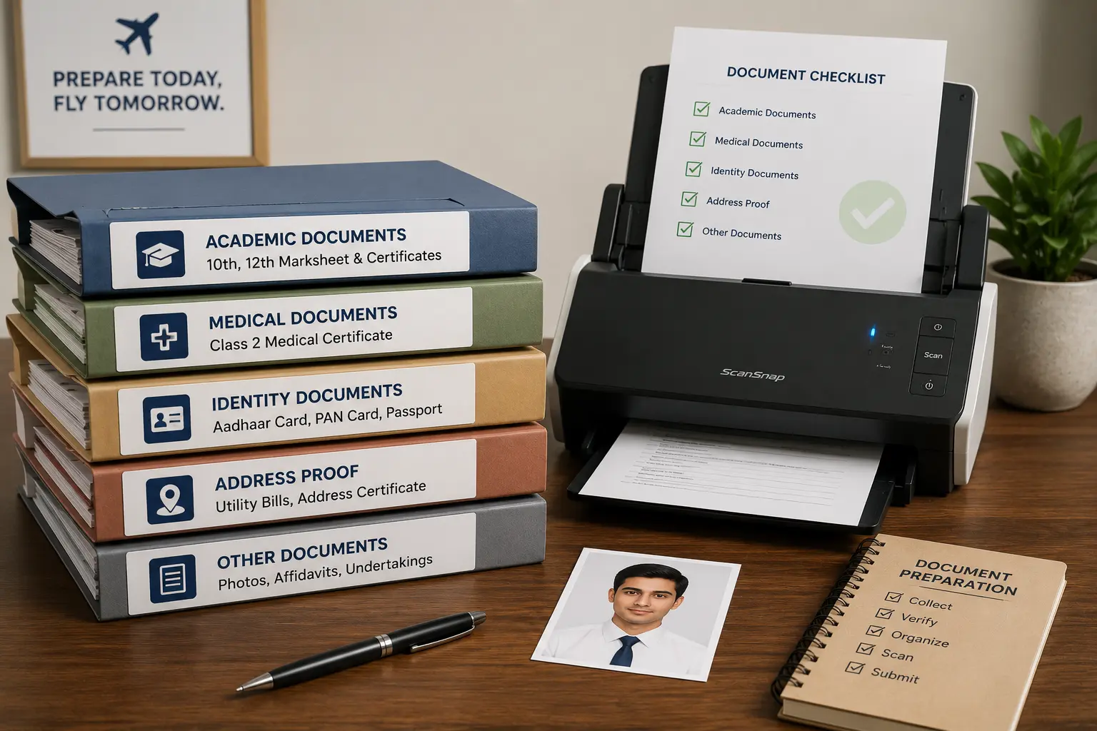 A neat stack of document folders in categories beside a scanner and a passport-size photograph