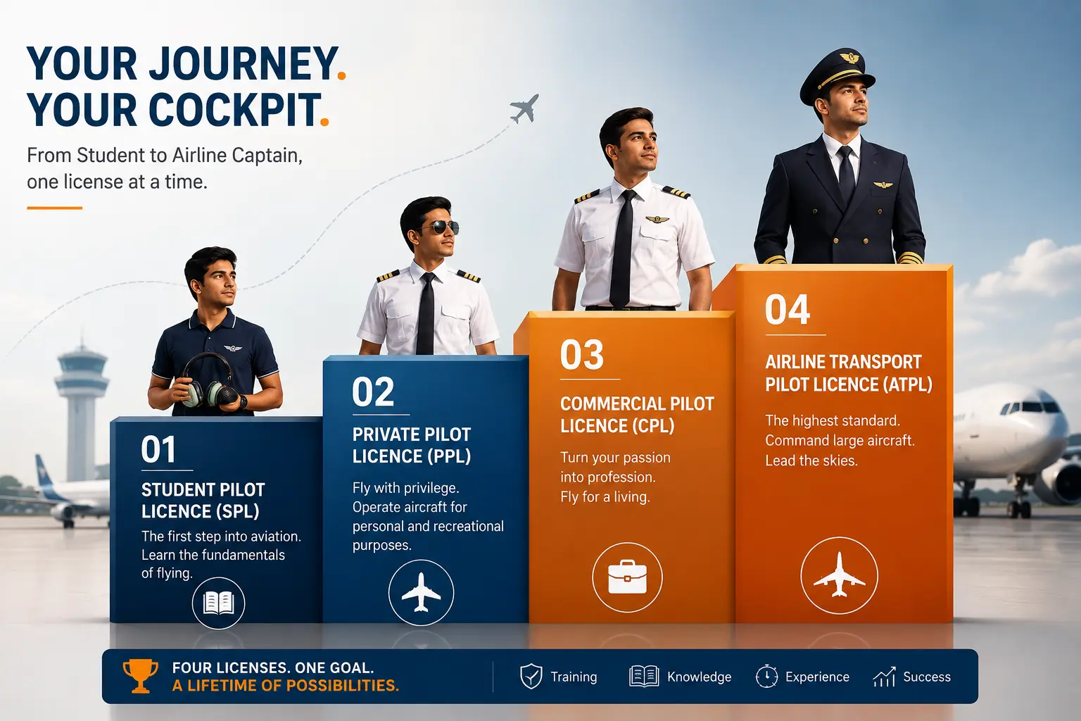 Four ascending steps representing the progression from Student Pilot Licence through Private and Commercial to Airline Transport Pilot Licence