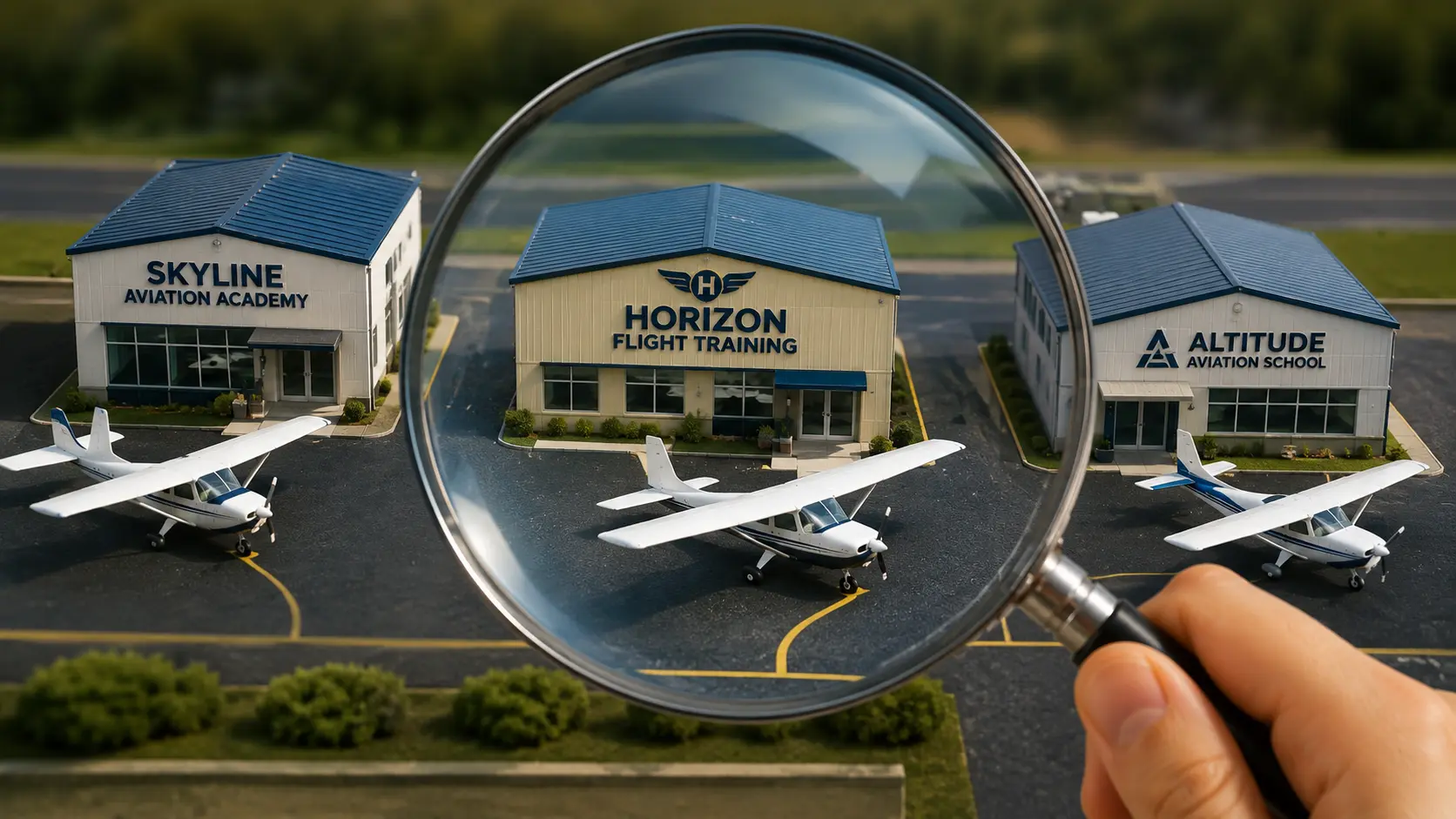 A magnifying glass held over three small flight school buildings with aircraft parked beside them