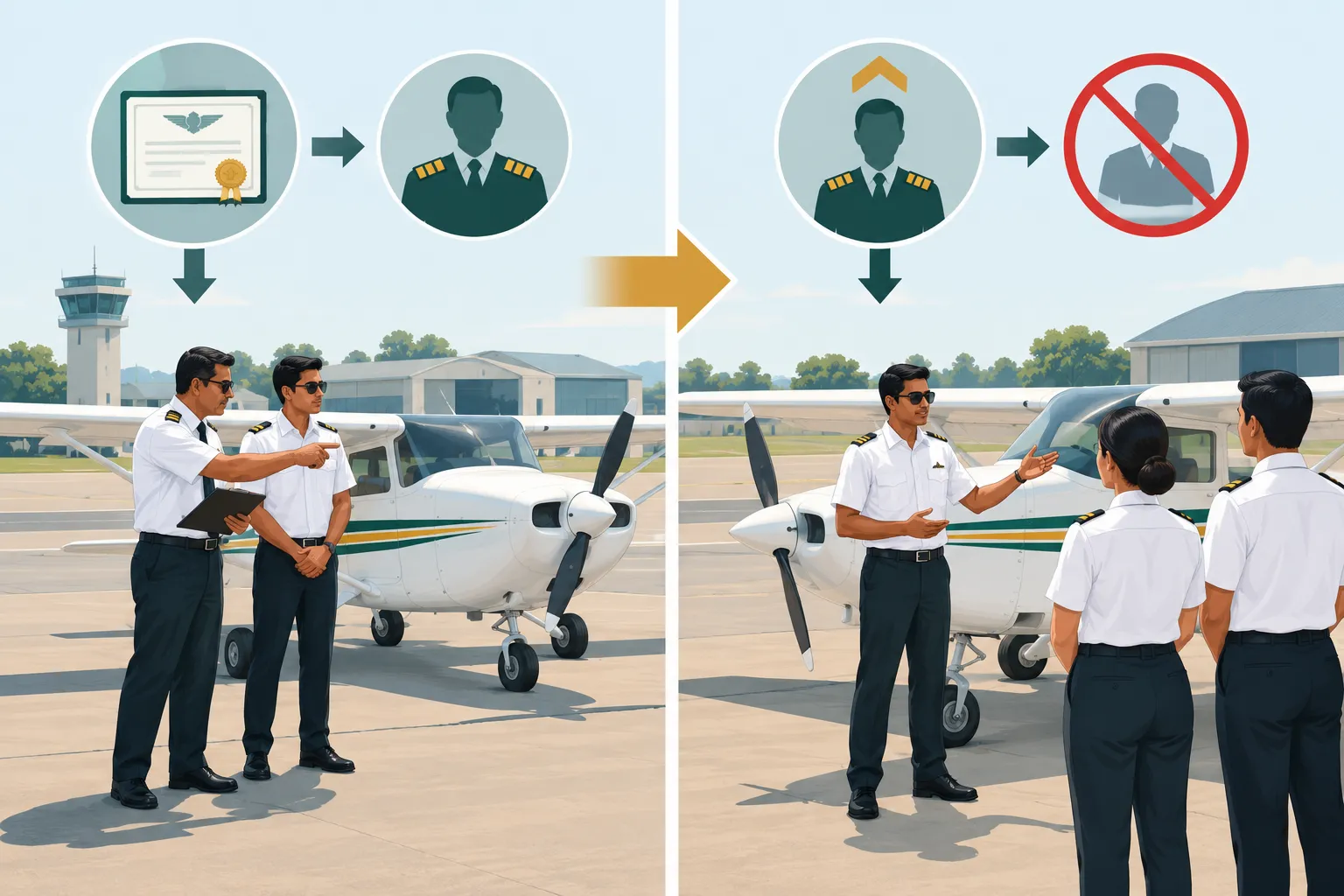A simple two-stage flow showing a CPL holder moving from Assistant Flying Instructor training, working under supervision, into the Flying Instructor upgrade that removes that supervision requirement