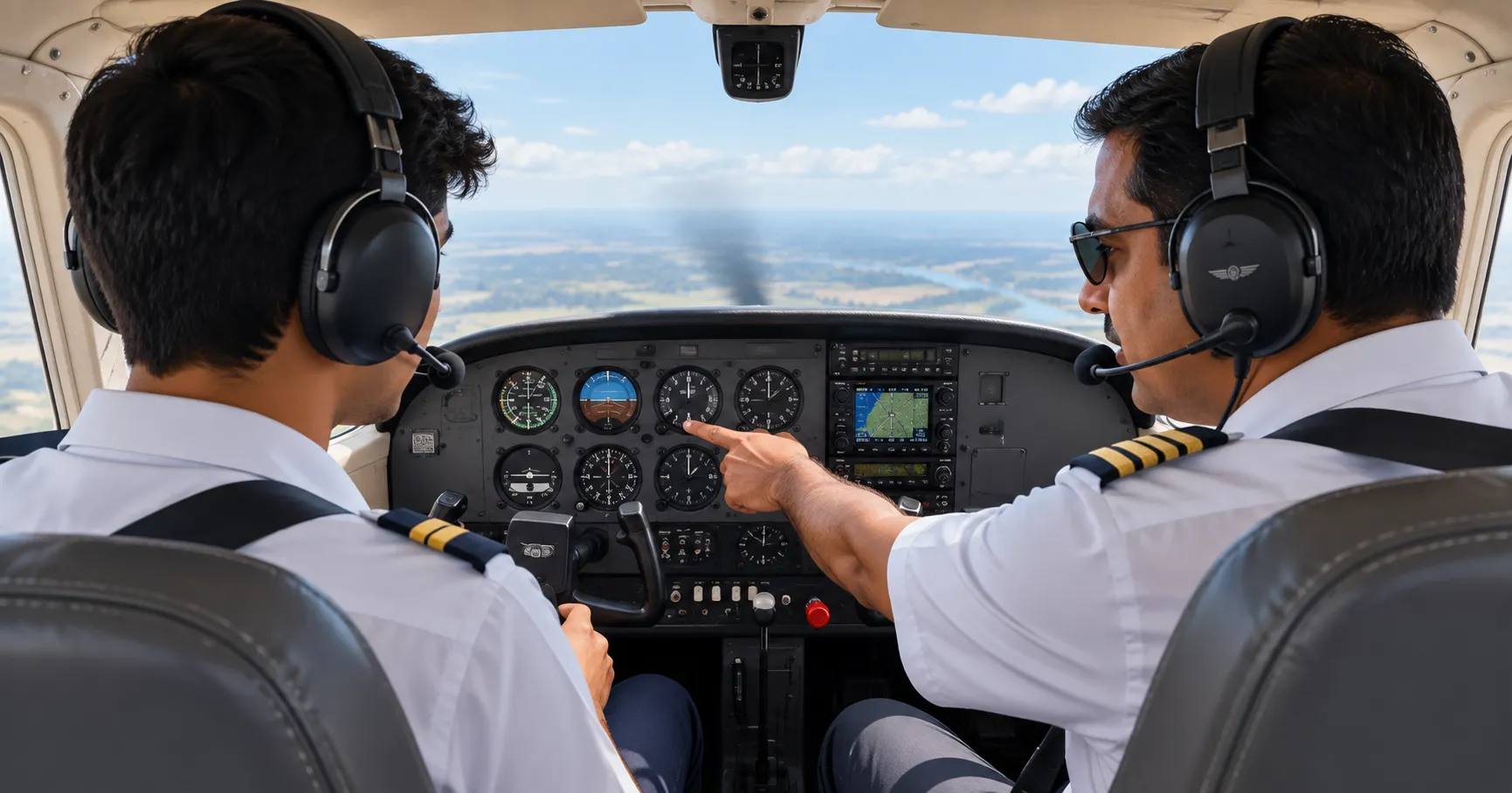 A flight instructor in the right seat of a small single-engine training aircraft, gesturing toward the instrument panel while a student pilot in the left seat looks on
