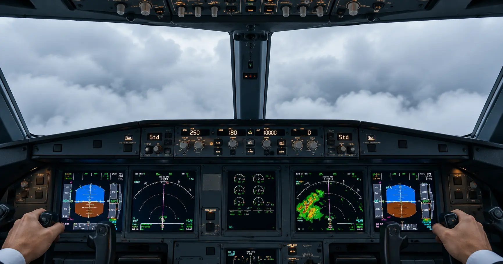 A pilot's view from the cockpit seat looking at a simplified instrument panel, with low cloud outside the windscreen and no ground reference visible