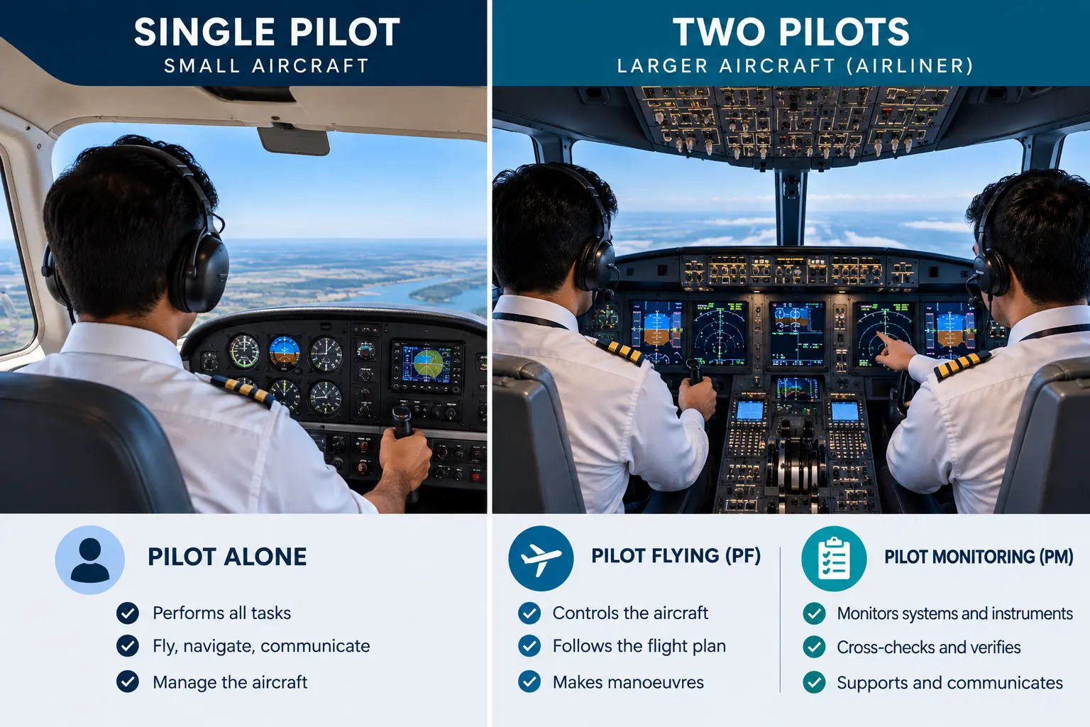 Two pilots seated side by side in an airliner-style simulator cockpit, both hands-on and visibly coordinating, one pointing at an instrument while the other monitors