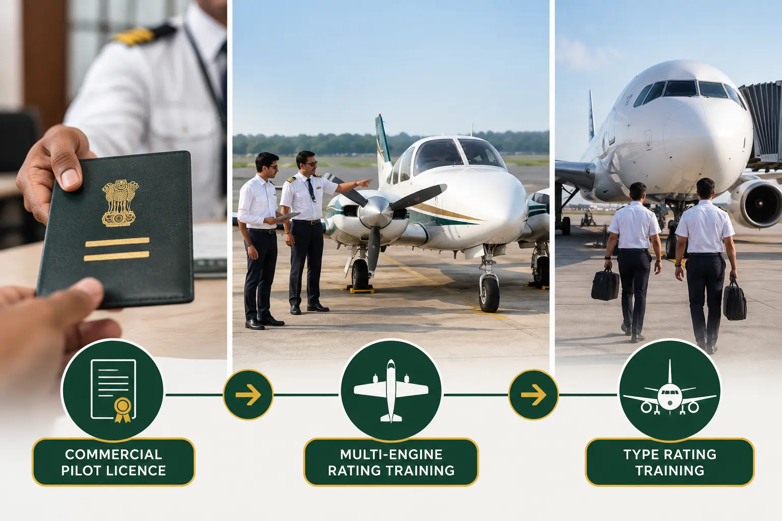 A three-stage horizontal flow from a Commercial Pilot Licence being issued, through multi-engine rating training on a light twin aircraft, to type rating training on a specific airliner
