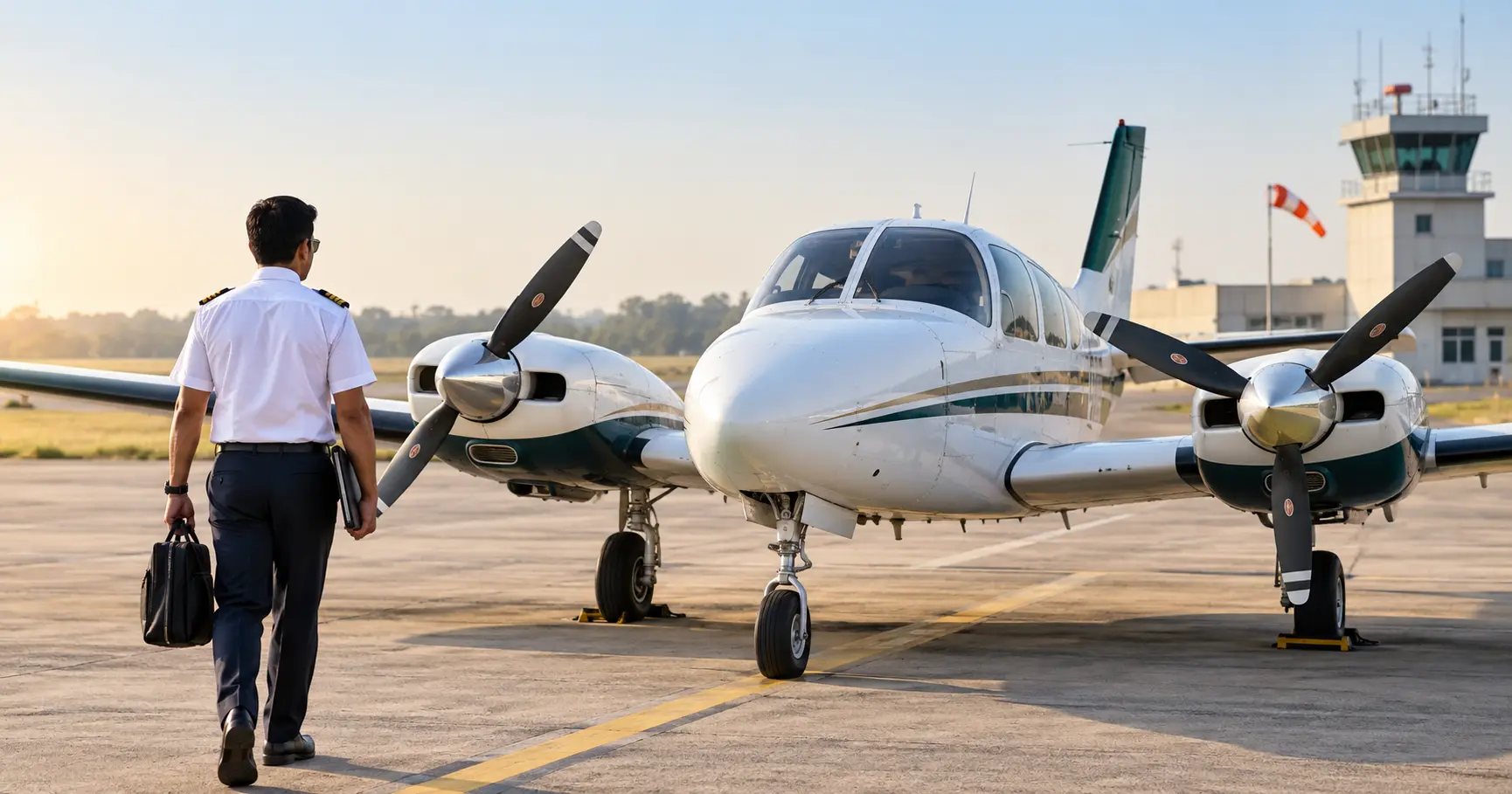 A small twin-engine training aircraft on the tarmac with both propellers visible, a pilot walking toward it for a pre-flight inspection