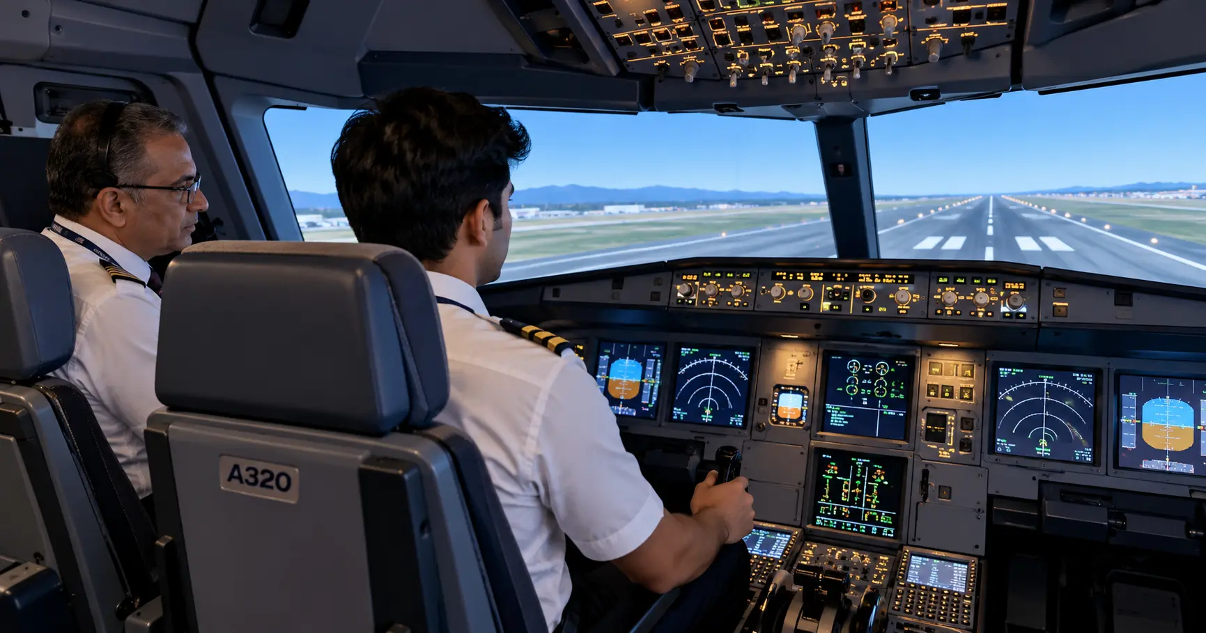 A pilot in the cockpit of a full-flight simulator built to resemble a specific airliner type, with an instructor seated behind