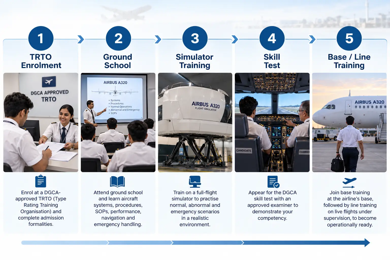 A five-stage horizontal flow from TRTO enrolment through ground school, simulator training and a skill test to base or line training