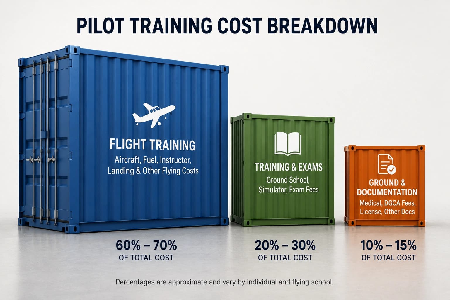 Three containers of clearly different sizes side by side, the largest representing flight training costs and the smallest representing ground and documentation