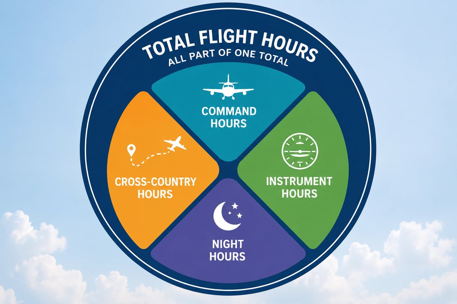A single large circle containing four smaller nested segments, showing that command, cross-country, instrument and night flying all sit inside one total rather than adding to it