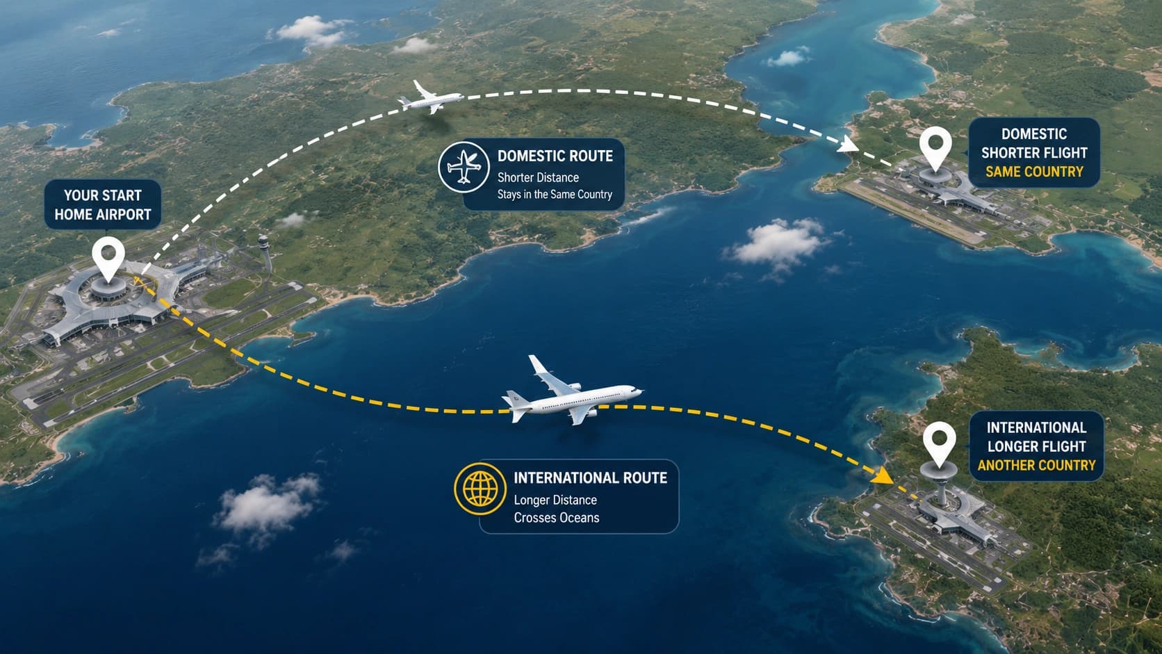 Two flight paths leaving one airport, one curving back to land domestically and the other crossing an ocean before returning