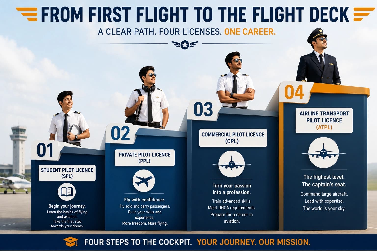 Four ascending steps representing the progression from Student Pilot Licence through Private and Commercial to Airline Transport Pilot Licence