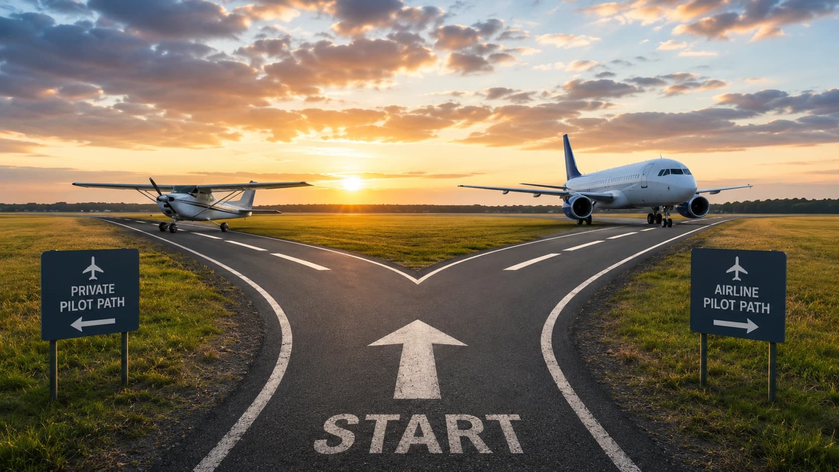 Two runways diverging from a single starting point, one leading to a small private aircraft and the other to an airliner
