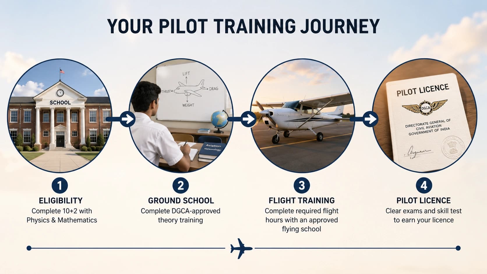 A horizontal path running from a school building through a classroom and a training aircraft to a licence document, marking the stages of pilot training